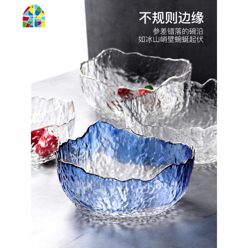 中式金边玻璃碗蔬菜沙拉碗大号甜品餐具创意个性家用水果碗 FENGHOU 特大号烟金边(送1个果叉)高清大图