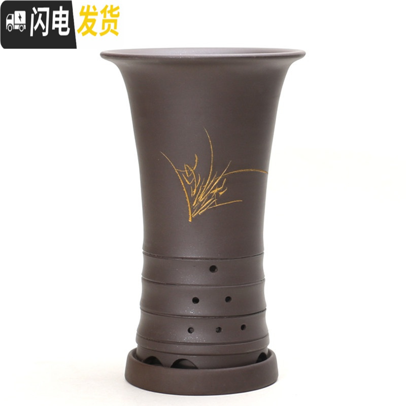 三维工匠宜兴紫砂花盆兰花盆原矿手工桌面地面 古典竹节漂口兰花盆 黑色描金高雅云竹+托（托盘是黑色）SL010 小
