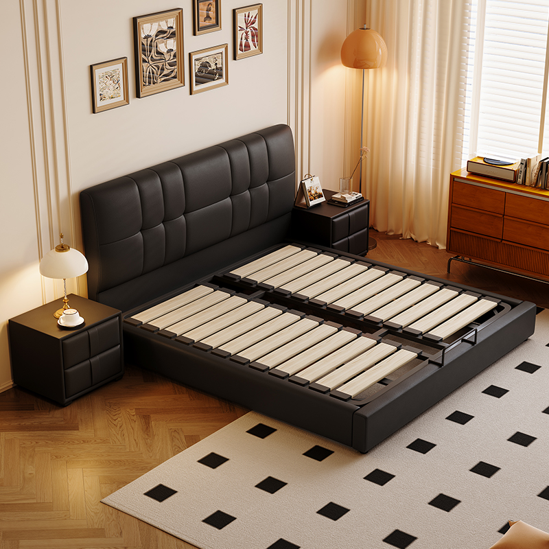 景山百岁 现代简约真皮床 意式双人主卧大床 北欧轻奢网红ins储物软包大床 舒适实用（多色可选 拍下请备注）高清大图