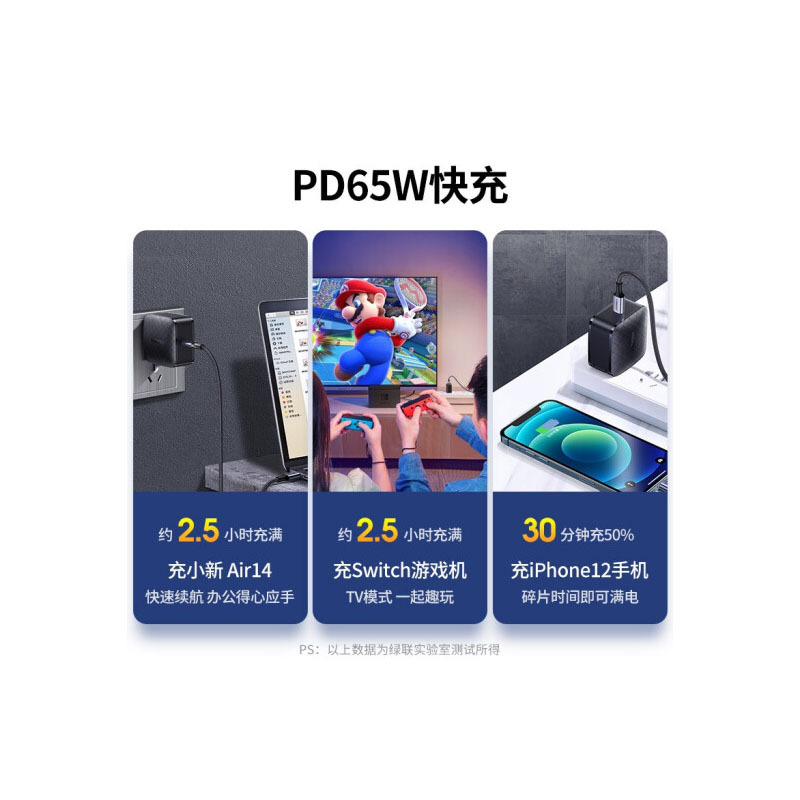 绿联 GaN氮化镓PD充电器65W20W充电头通用iPhone12笔记本电脑iPad Pro平板Type-C快充头