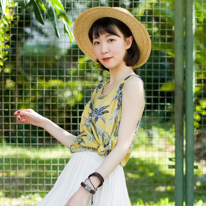 文艺印花背心女夏外穿2018新款宽松复古打底衫短款无袖带上衣黄底花