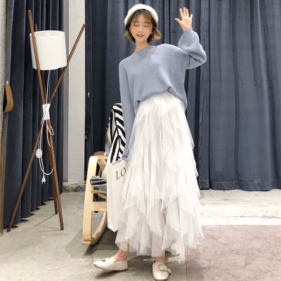 2019春季新款抖音仙女裙子半身裙长裙百褶网纱裙蛋糕不规则中长款_120_453