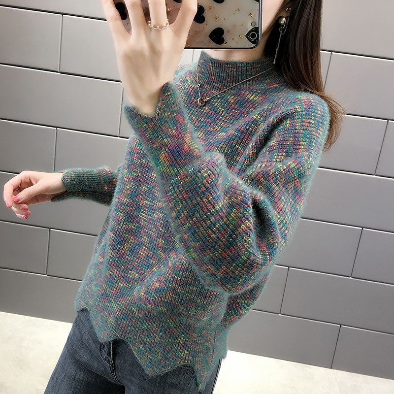 加绒/不加绒秋冬半高领针织打底衫宽松加厚毛衣女高清大图