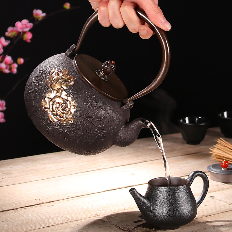 Atelier Tete 铁壶手工日本铁壶套装 南部铁器老铁壶煮水茶壶鎏金无涂层 鎏金浮雕牡丹铁壶