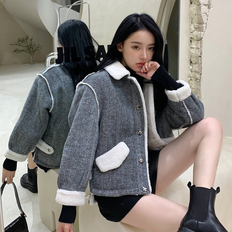 唐狮00冬新款外套女毛呢外套格纹仿羊羔绒网红风ins潮韩版学生 L 青灰