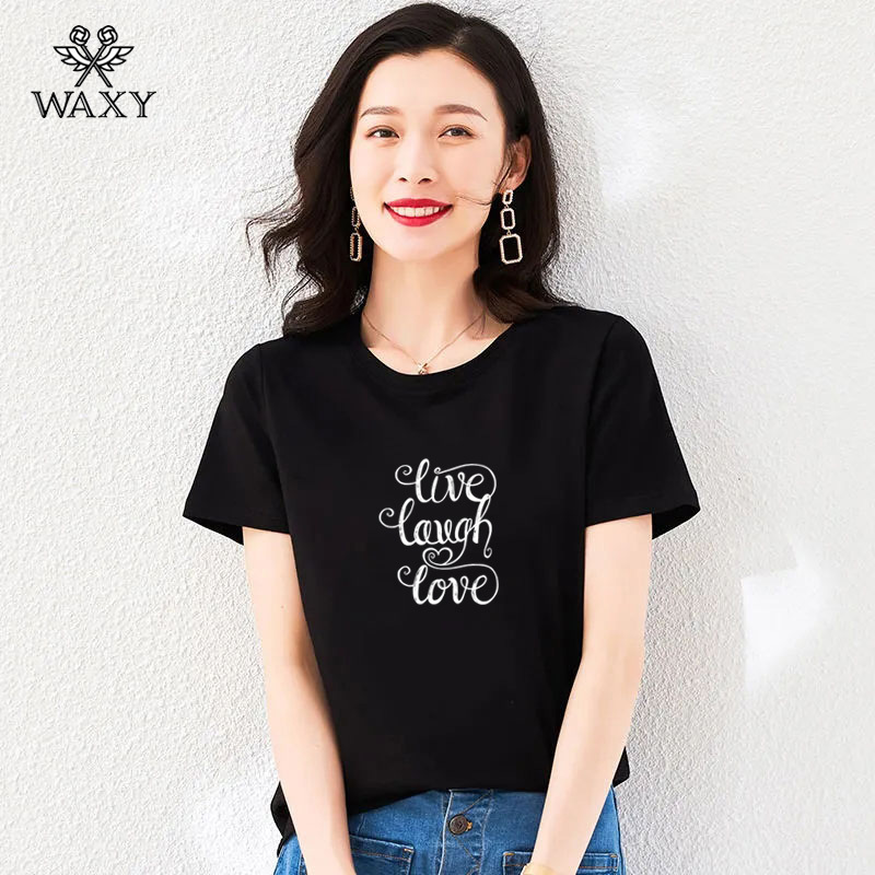 WAXY2022年新款纯棉短袖t恤女夏季正肩法式韩版时尚百搭休闲ins风