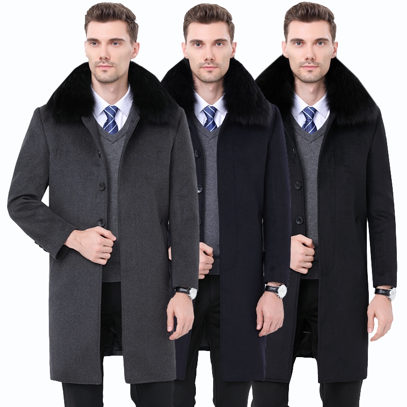 免费试穿 高端羊绒大衣羊毛呢子大衣中长款男式领导干部商务风衣加厚羊毛大衣男士外套立领长款加肥加大码男装可拆卸内胆狐狸毛领高清大图