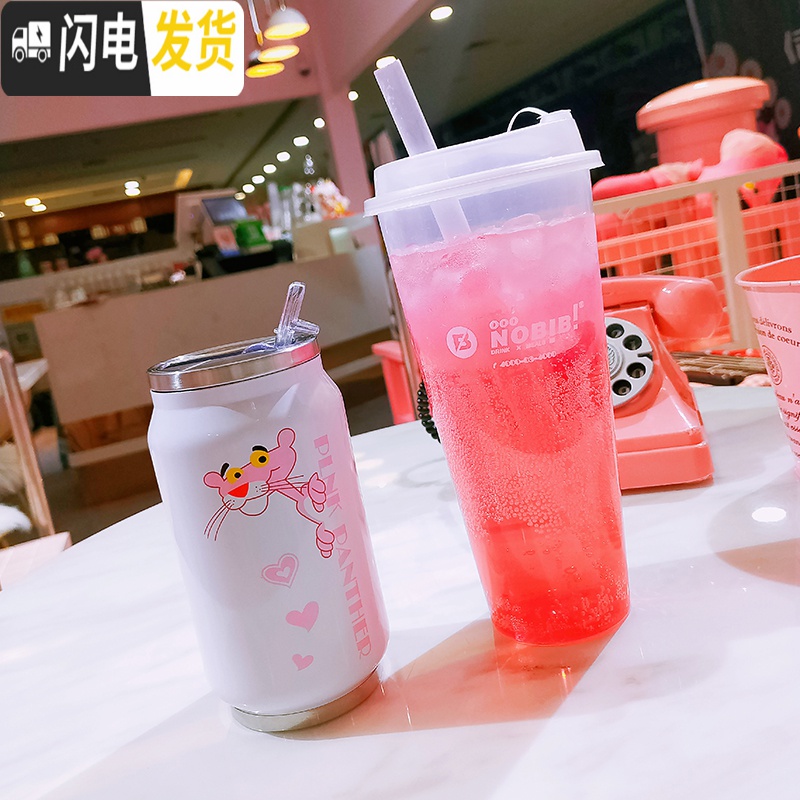 三维工匠粉红豹易拉罐网红吸管保温杯ins韩版女学生可爱清新文艺便携水杯 吸管保温300/豹头脚印高清大图