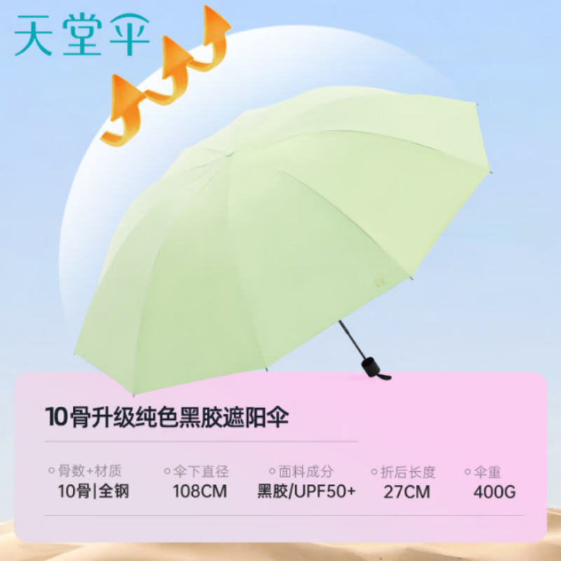 天堂防晒晴雨伞三折38080E10K晴雨伞黑胶防晒遮阳伞太阳伞伞下108CM新芽绿高清大图