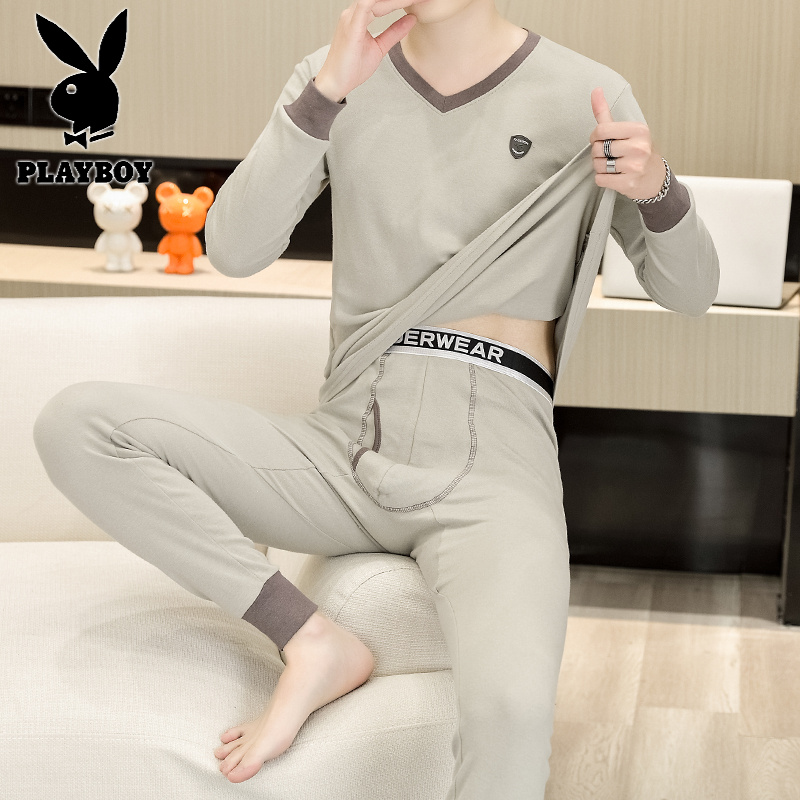 花花公子新款纯棉V领秋衣秋裤套装男棉毛衫保暖内衣套装_756高清大图