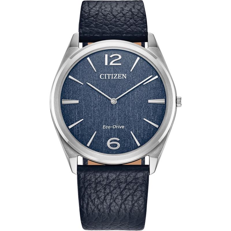 Citizen男士机械表经典设计蓝盘蓝皮带超薄防水EcoDrive驱动高清大图