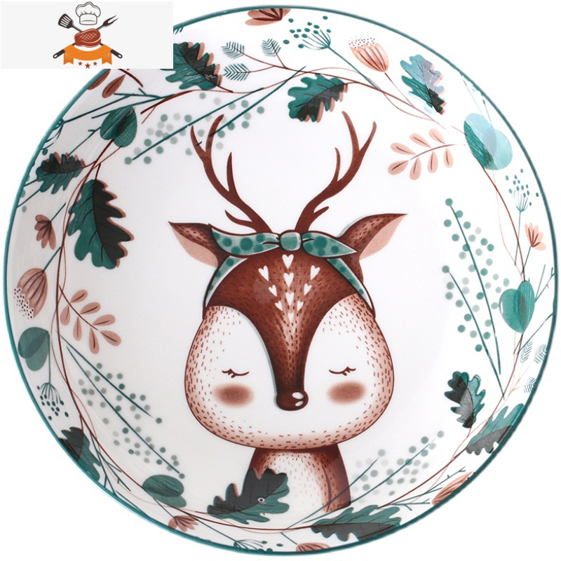 日式可爱卡通麋鹿碗碟陶瓷餐具创意饭碗汤面碗菜盘家用一人食套装