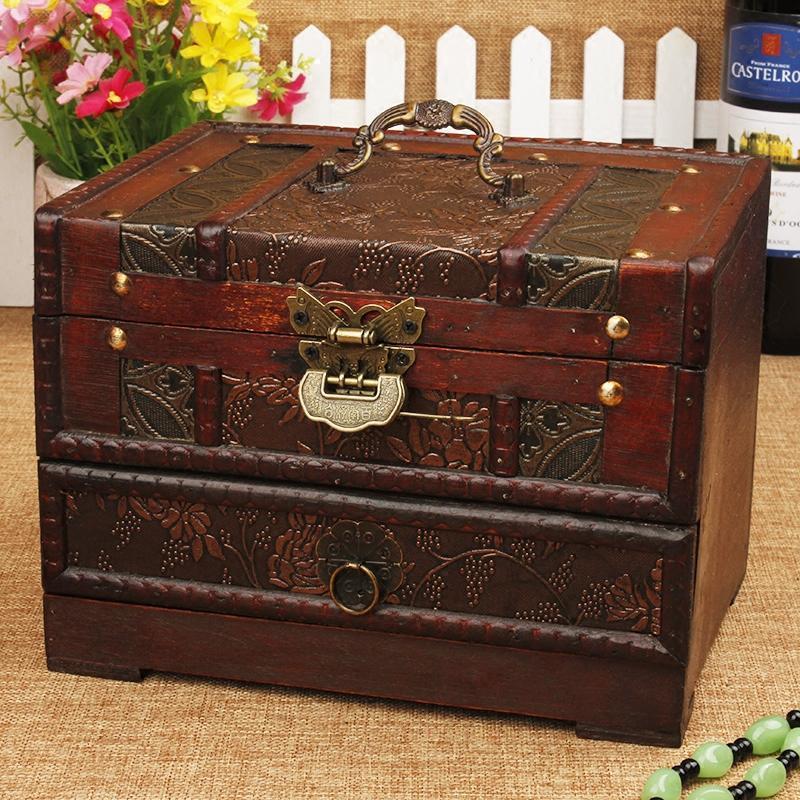 欧式仿古复古梳妆盒木质带锁小首饰盒简约带镜子首饰收纳结婚送礼