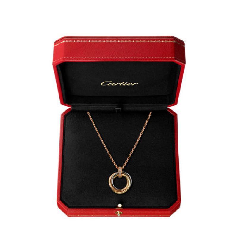 cartier卡地亚trinity系列18k金白金玫瑰金金三环三色镶钻项链b705