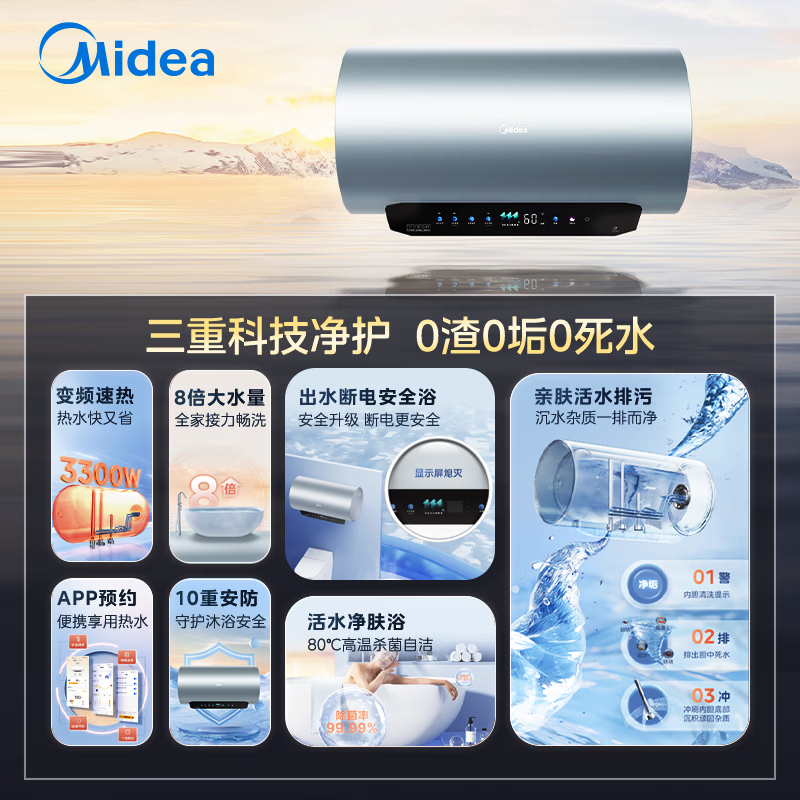 美的(Midea)F6033-XW一级能效小西梅升级终身免换稀土镁棒 3300W变频速热专利活水出水断电8倍增容高清大图