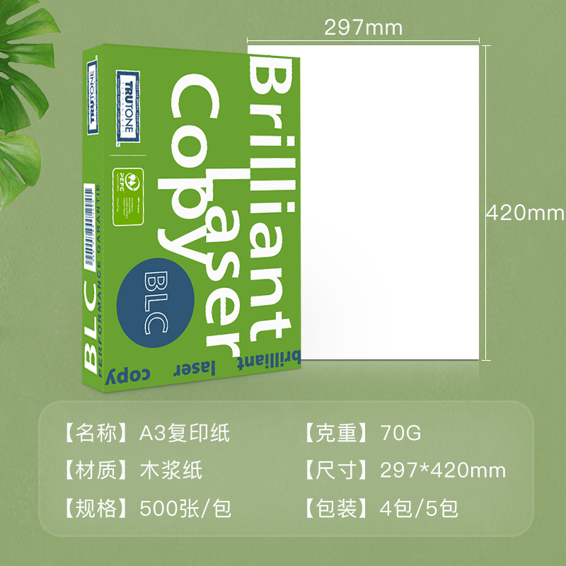 BLC a3复印纸A3 70g电脑打印纸 进口高档纸 设计绘画 学生黑板报 500张/包 4包/箱(2000张)