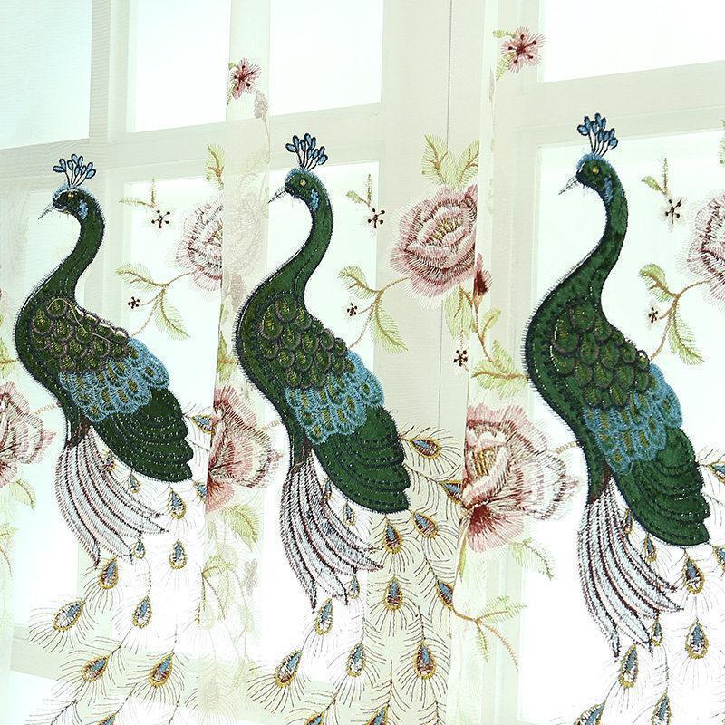 美帮汇绣花布中式窗帘简欧遮光客厅卧室飘窗落地窗加厚防风成品定制 孔雀--配套窗纱-挂钩式 宽3.5米*高2.7米一片（可改短）