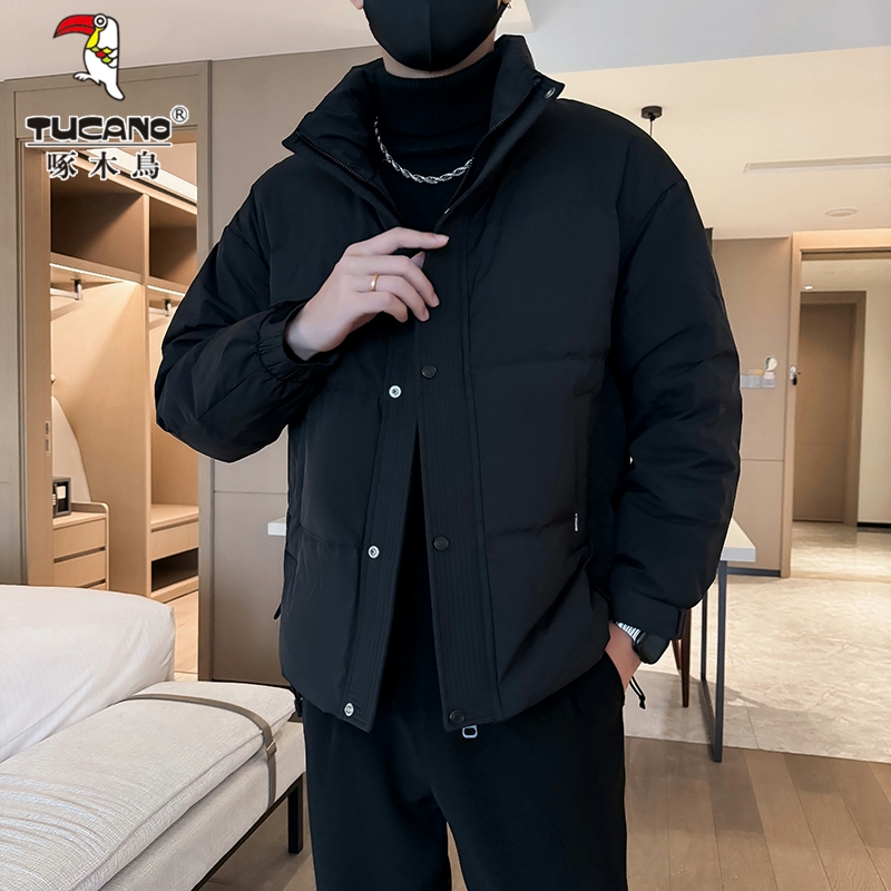 啄木鸟羽绒服男士冬季潮流纯色立领休闲百搭轻薄保暖白鸭绒外套男高清大图