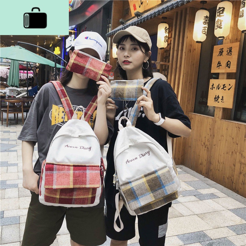 书包女学生韩版初中高中学生大容量格子双肩包古着感少女帆布背包NEW LAKE高清大图