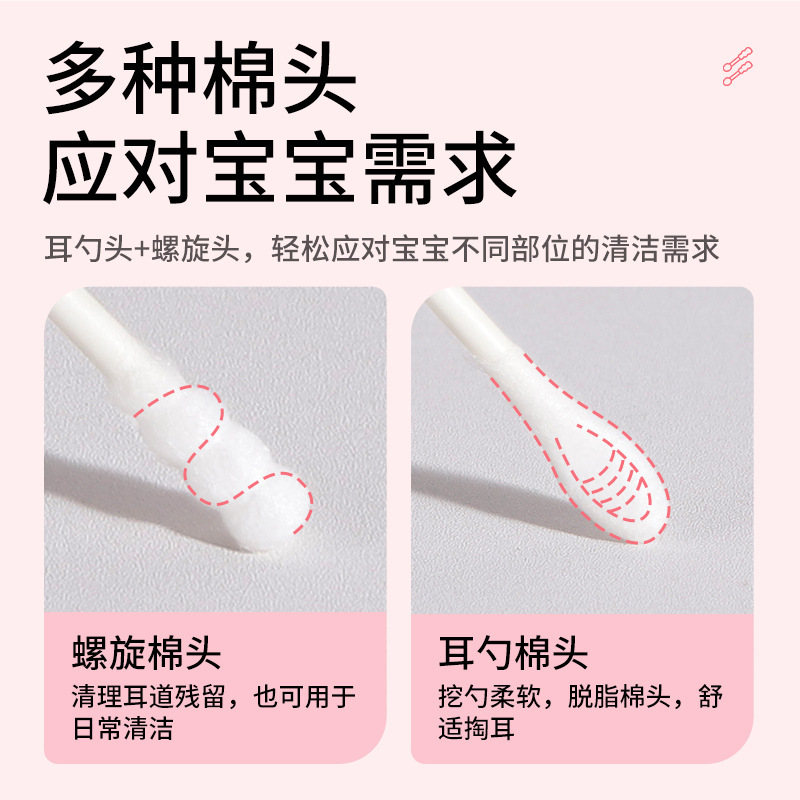 海氏海诺 200支螺旋头棉勺双头棉签婴幼儿掏耳朵棉勺脱脂棉棉签宝宝清洁消毒纸轴棒棉签