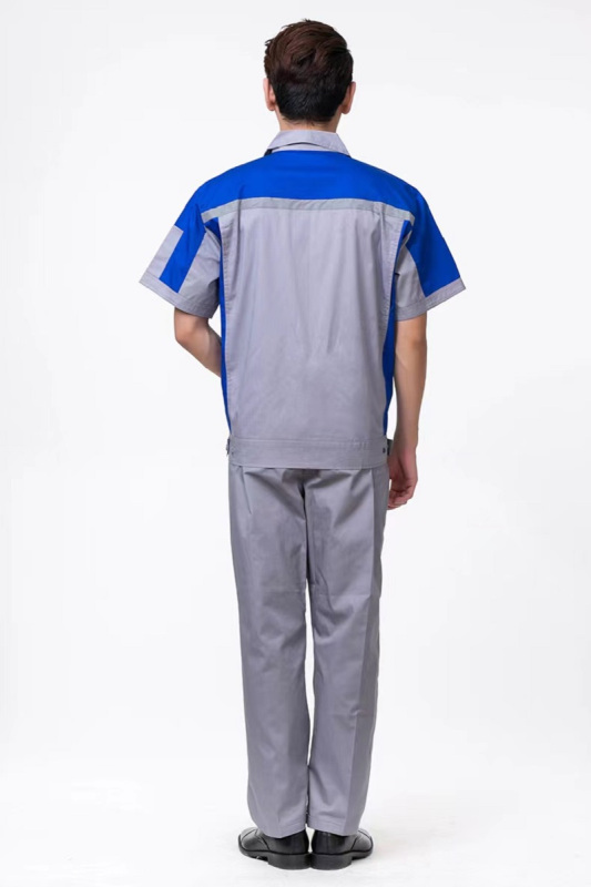 尹潮 XM-301夏季薄款反光条纯棉短袖工作服套装 藏青+浅灰 L码/套高清大图