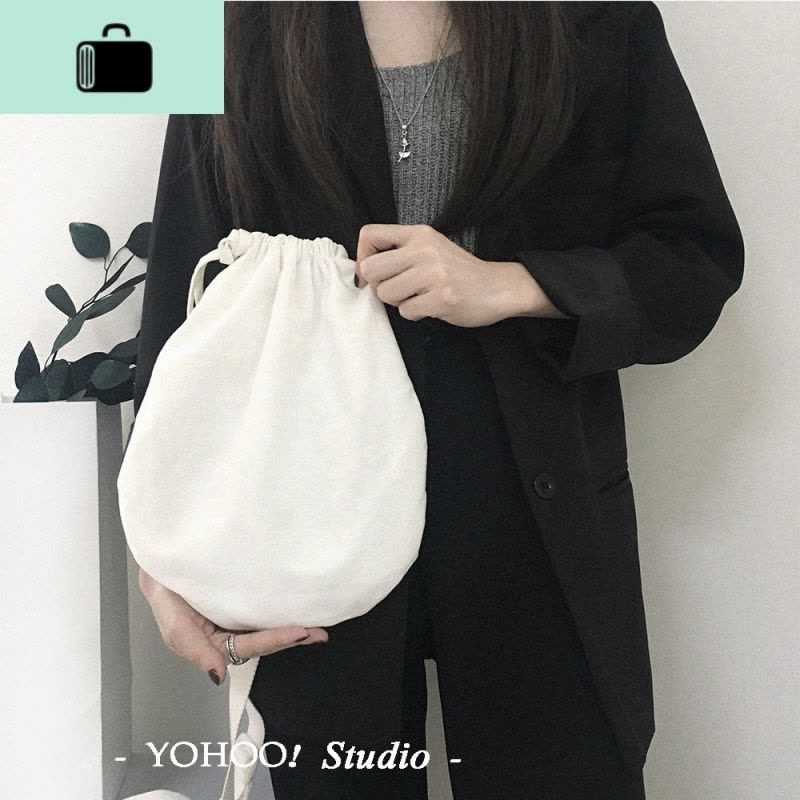 简约抽绳半圆包 纯色百搭斜挎包帆布单肩布袋日韩女小NEW LAKE 白色女士单肩包图片