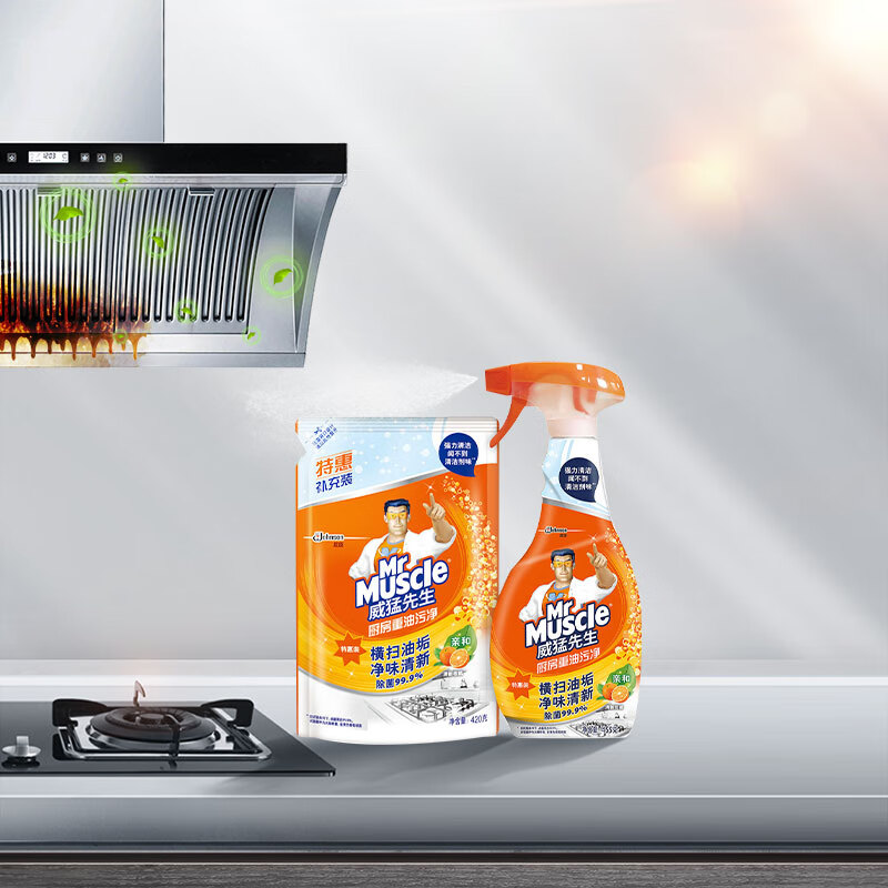 威猛先生(Mr Muscle)油污清洁剂 455g+420g补充装 柑橘香 强力去油污 厨房重油污净高清大图