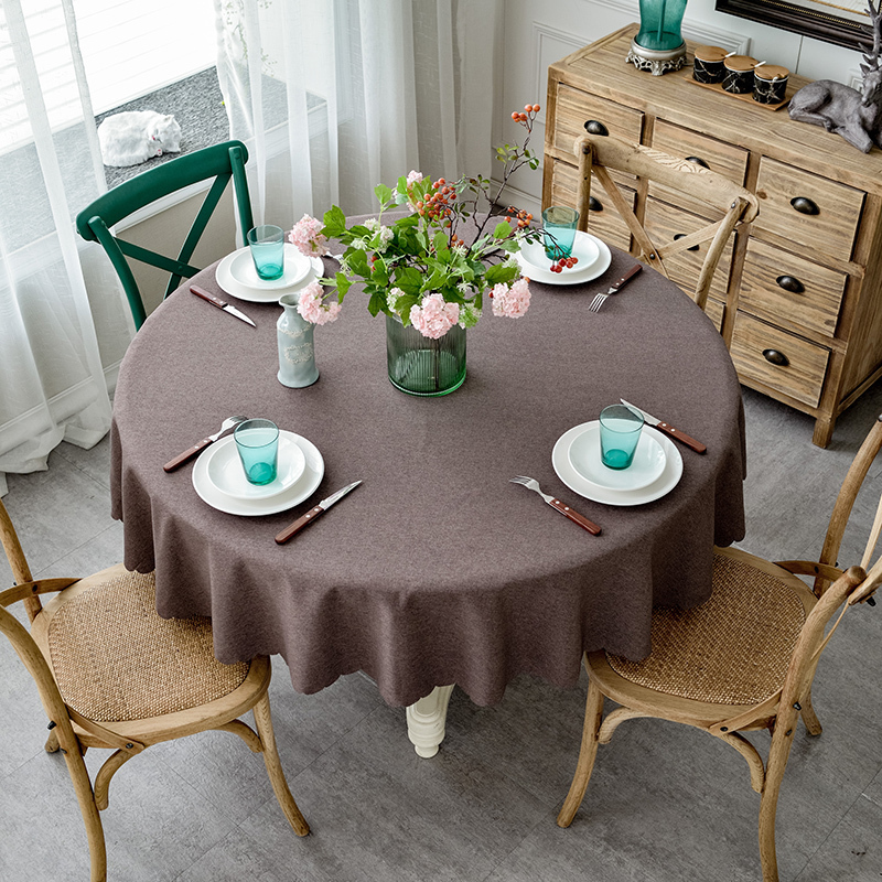 棉麻大圆桌桌布布艺椭圆形家用餐桌布饭店酒店餐厅圆形台布 桌布直径260cm--适合180-200圆桌 绒麻-深咖啡升级版防泼水