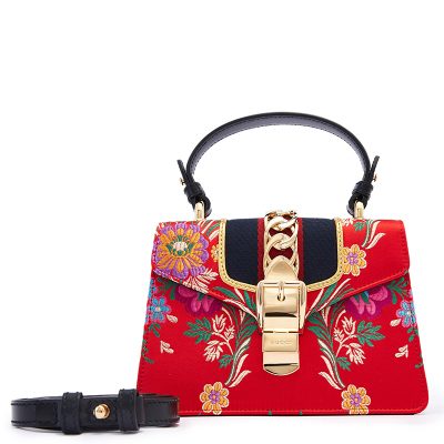 GUCCI/古驰 Sylvie 系列刺绣迷你女单肩包包盖式织物手袋 硬472107
