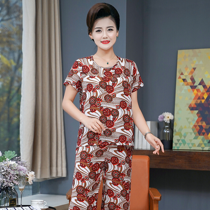 波迷娜（BOMINA)中老年棉绸睡衣女马裤套装2021新款宽松妈妈夏短袖裤绵绸两套装人造棉服