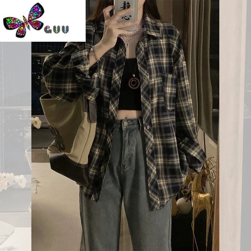 语娄美式复古格子衬衫女款装设计感小众小个子oversize慵懒风外套图片