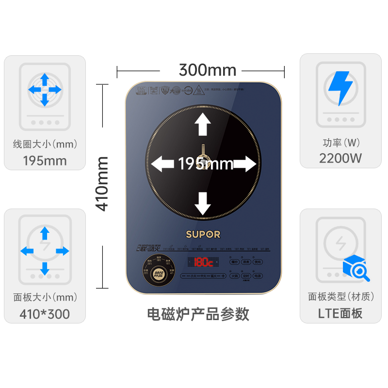 苏泊尔(SUPOR) 电磁炉家用2200w大功率电磁灶10档火力滑控调节 精控恒温 联动火 定时功能 C22-ID31