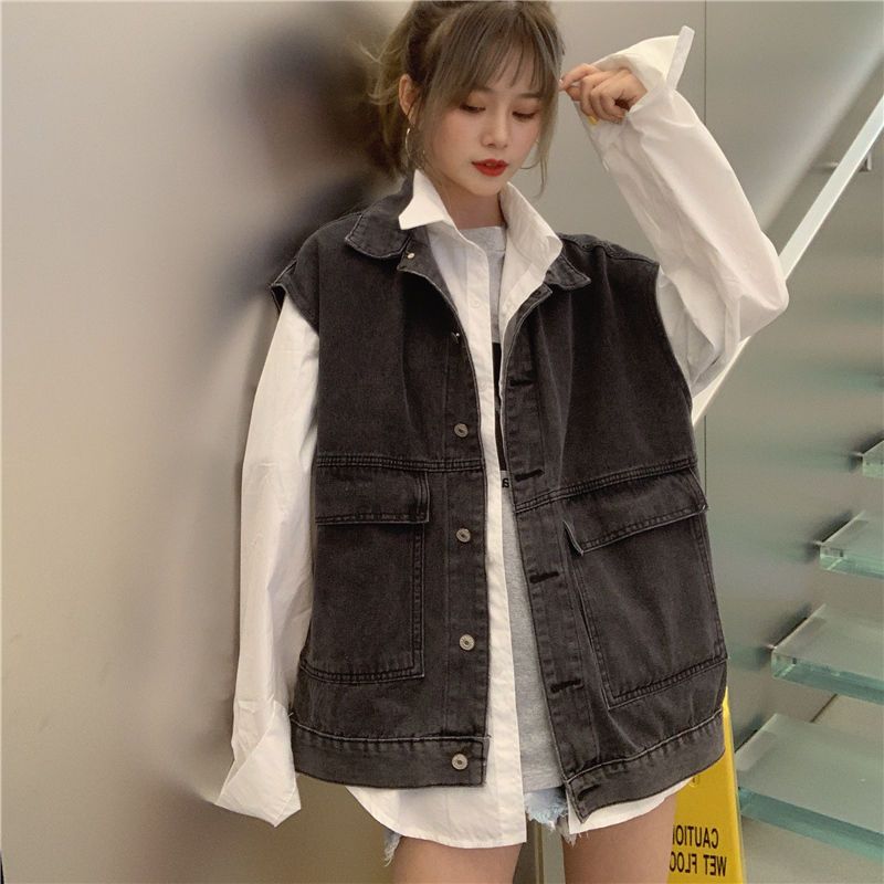 莆兮思puxisi复古牛仔马甲女韩版春季新款bf原宿风宽松学生工装无袖