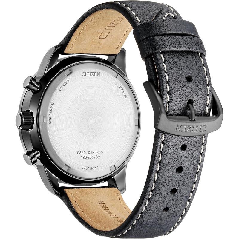Citizen男士手表 三眼大三针夜光 经典气质防水光动能黑色皮带男表图片