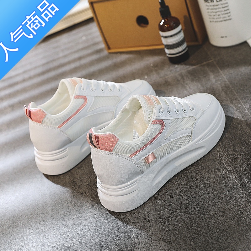 SUNTEK内增高小白鞋女鞋34码运动鞋夏款2023新款配裙子网面透气厚底单鞋高清大图