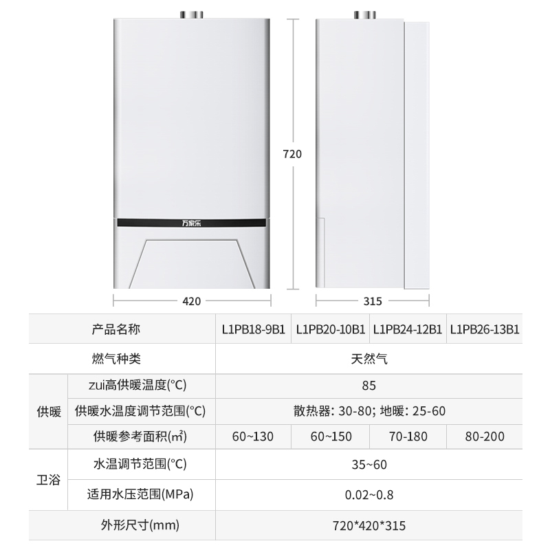 万家乐(Macro)家用燃气壁挂炉采暖炉L1PB20-10B1 天然气 供暖洗浴两用 20KW(60-150㎡)