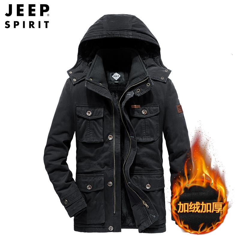 JEEP SPIRIT吉普加绒棉服男冬装水洗纯棉加厚外套中长款工装军旅多袋保暖棉袄