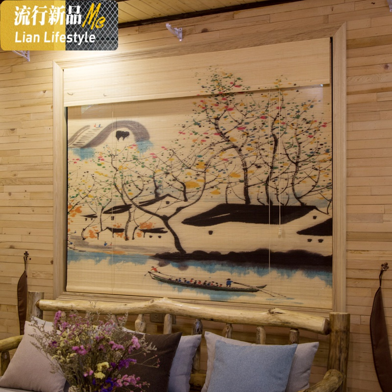 印花竹帘窗帘卷帘子中式复古禅意茶室装饰画隔断升降客厅遮光家用 三维工匠