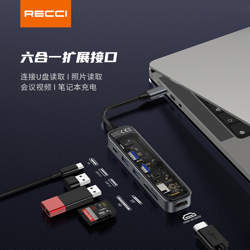 锐思RH21六合一HUB数据线转接口Type-C TO HDMI+ USB-A+USB-C+1xSD+ 1xTF高清大图