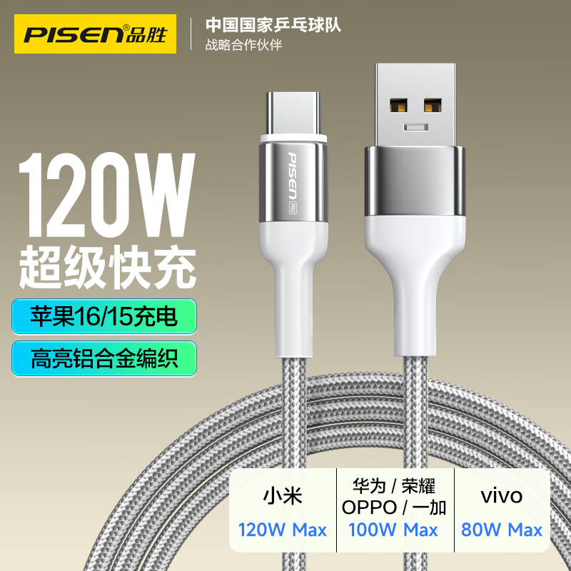品胜TYPEC数据线120w 皓月银 2米