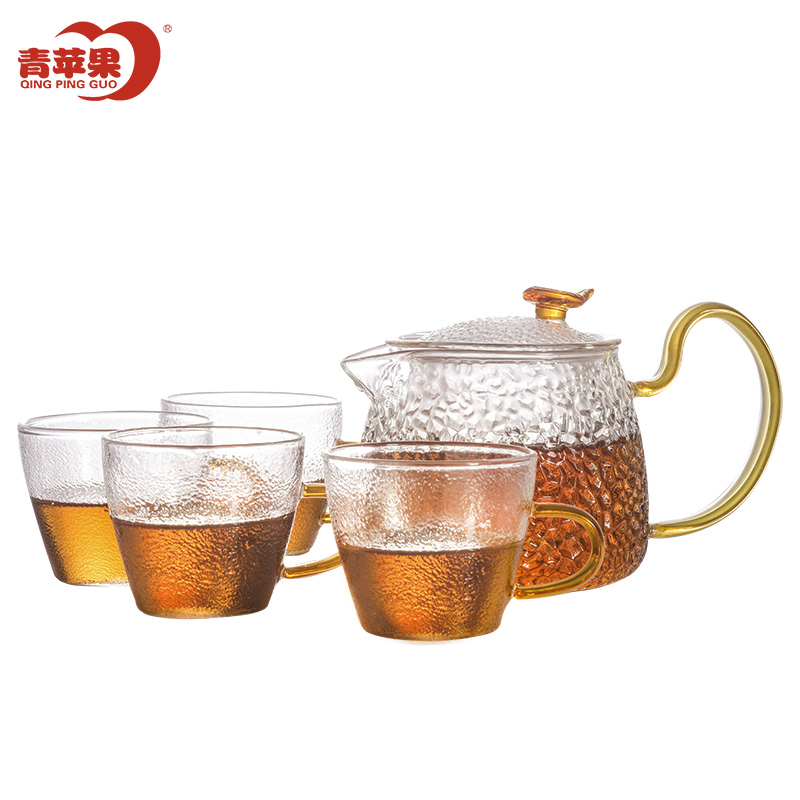 青苹果 玻璃茶具套装 耐热茶壶茶水分离 手工加厚锤纹日式风格 一壶四杯礼盒套装茶壶茶杯