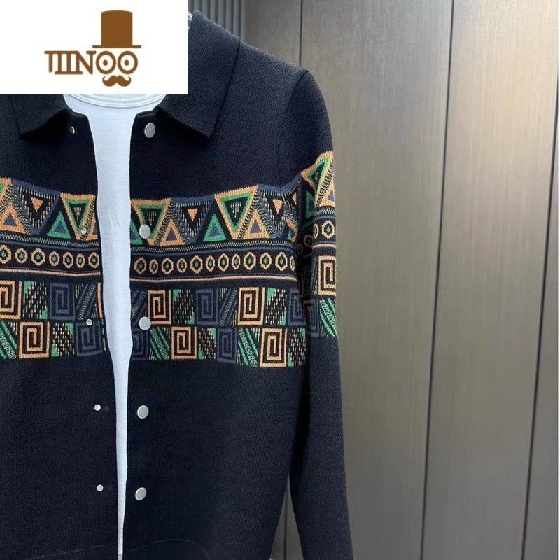 YANXU民族风提花潮牌翻领针织衫男士新款简约休闲帅气青年开衫外套图片