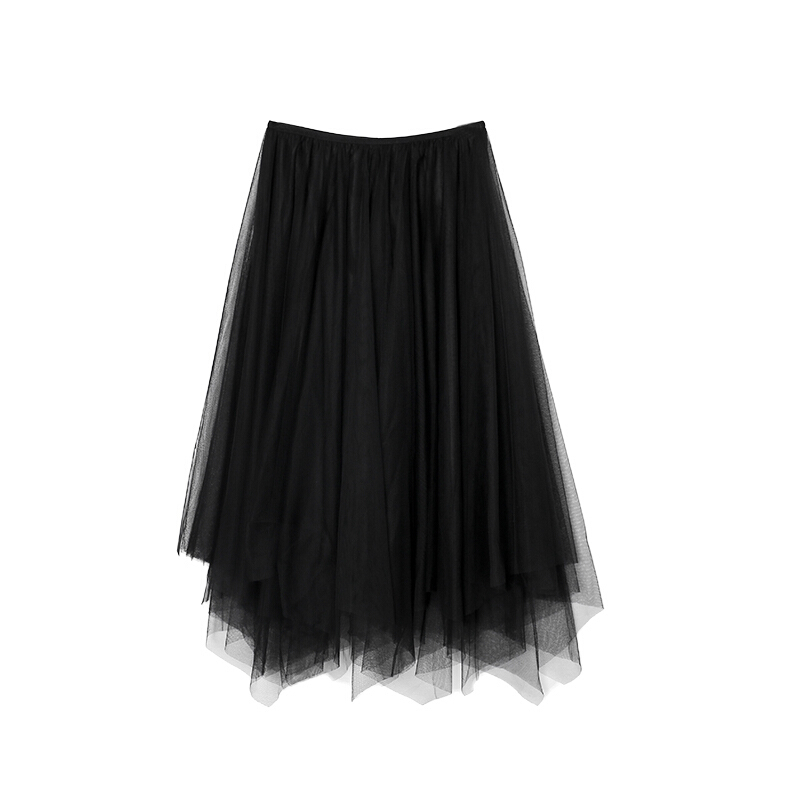 女装春装2018新款裙子韩版高腰中长款不规则纱裙a字裙网纱半身裙黑色