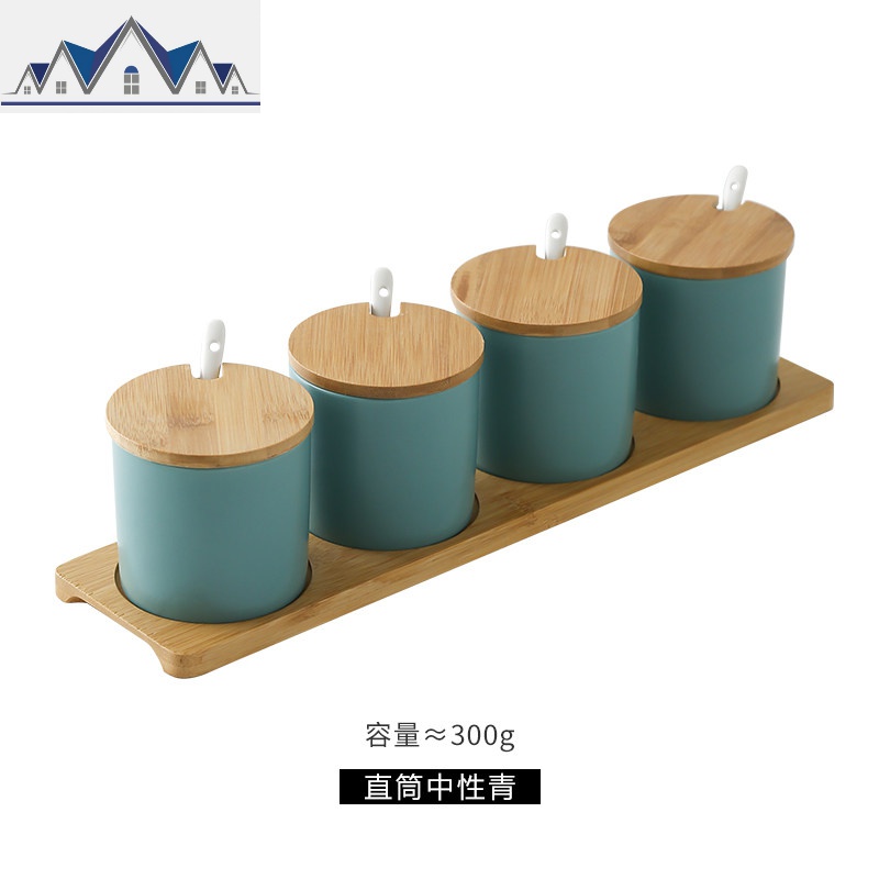 调味罐陶瓷厨房收纳家用调料盒四格一体套装组合装玻璃味精瓶盐罐_1_64 直筒中性青