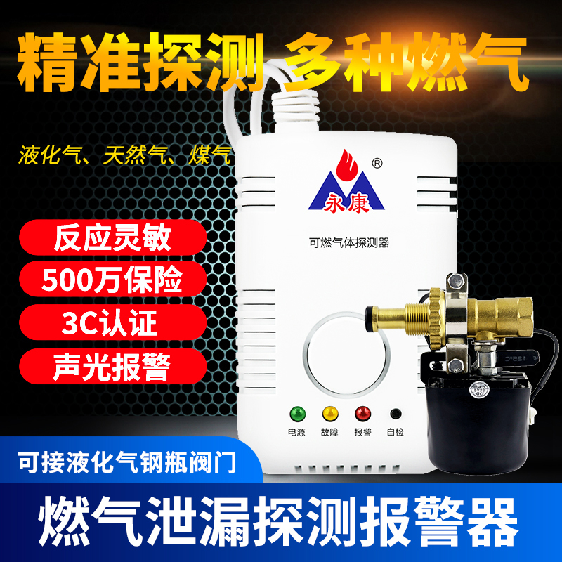 永康消防认证家用经济款燃气报警器联动款YK802+DN15液化气钢瓶阀门自动切断厨房天然气城市煤气燃气泄漏探测器