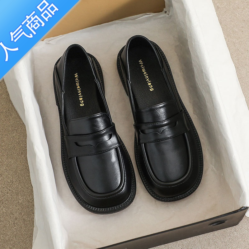 SUNTEK红青蜒黑色小皮鞋女英伦风春夏季款平底软底单鞋一脚蹬乐福鞋