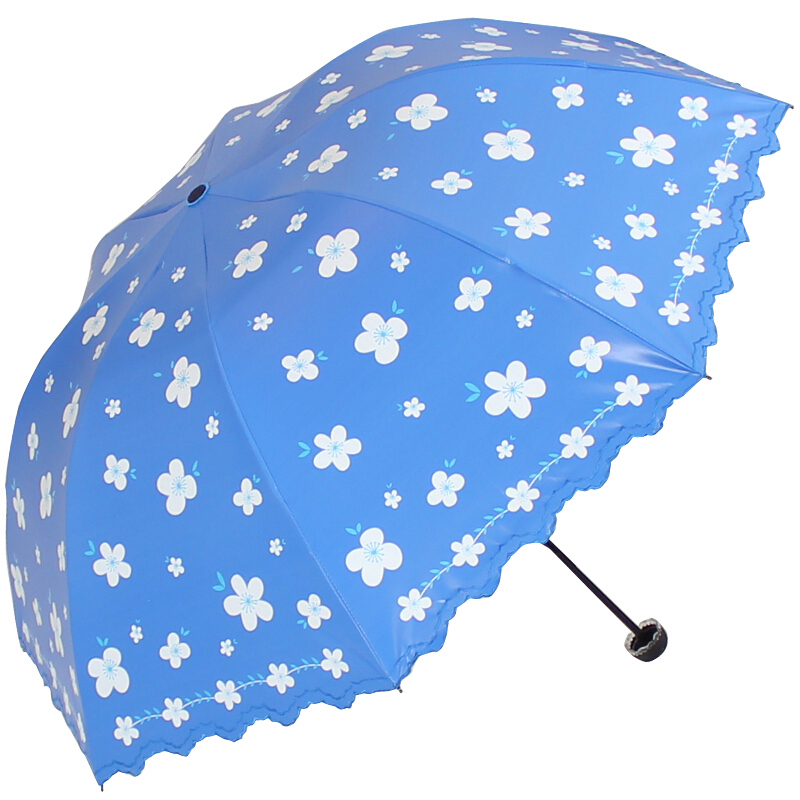 天堂伞 凝脂绸黑胶修花边江南镜花公主三折晴雨伞太阳伞 青蓝 36049E（BY）