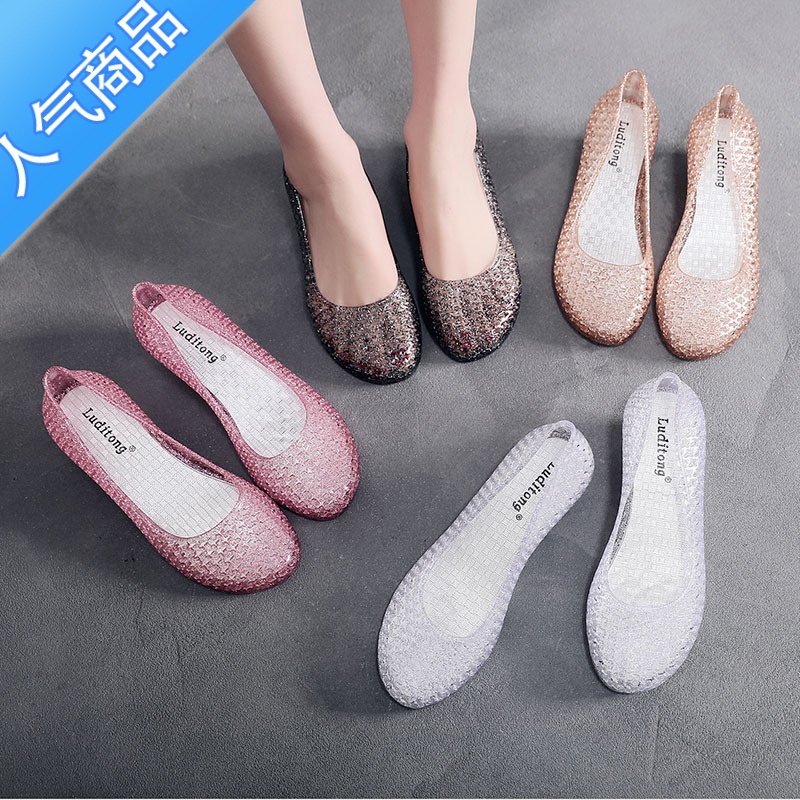 SUNTEK包头坡跟水晶凉鞋女中跟洞洞塑料室内外穿果冻鞋妈妈夏海边洗澡鞋高清大图