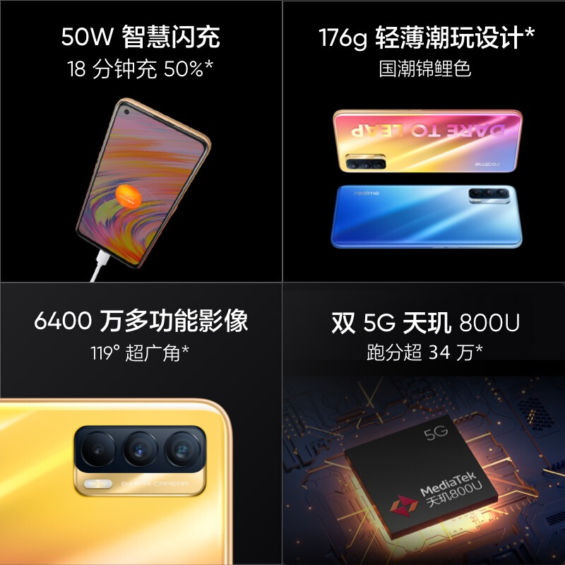 realme 真我V15 6400万像素 50W智慧闪充 仅179g 锦鲤色 6GB+128GB 双5g游戏手机