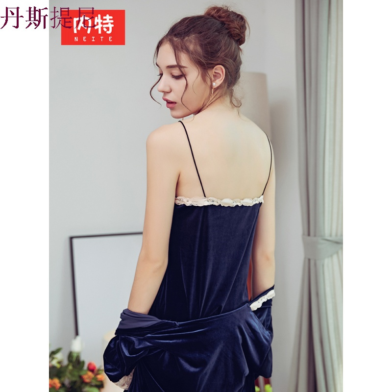 睡衣女秋冬季金丝绒三件套性感带睡袍套装长袖休闲可外穿家居服